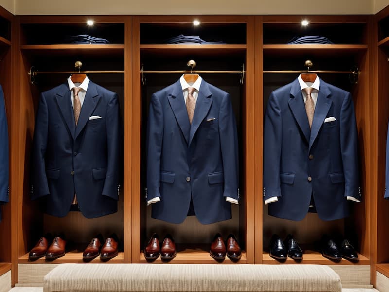 Tailored suit jacket stored on a shaped hanger in a wardrobe