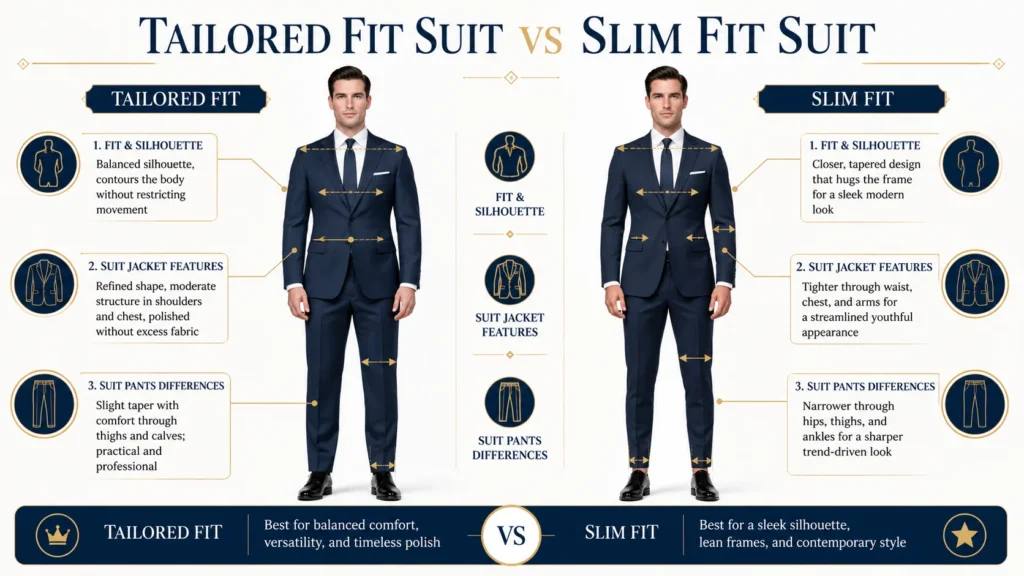 Comparison of tailored fit and slim fit suits