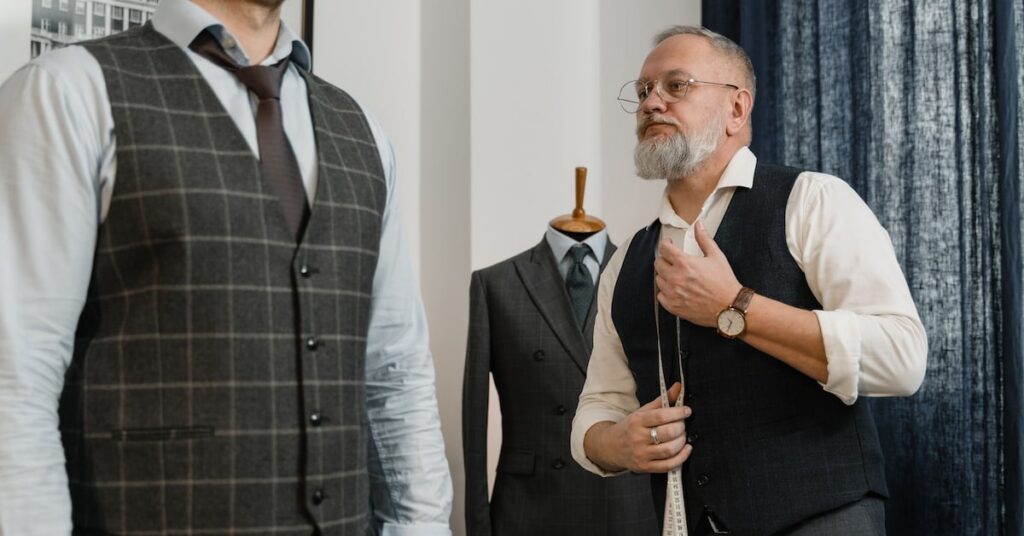 Tailor adjusting a client's vest fitting