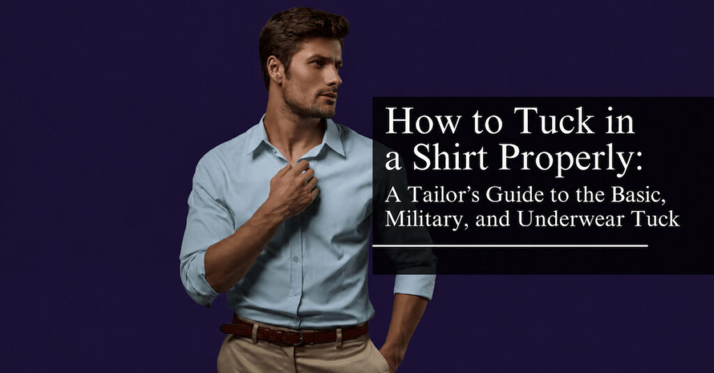 Man wearing a light blue shirt demonstrating how to tuck in a shirt properly, with a guide to basic, military, and underwear tucks