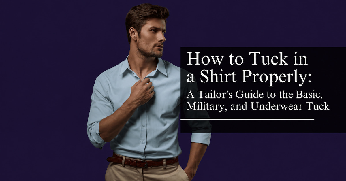 Man wearing a light blue shirt demonstrating how to tuck in a shirt properly, with a guide to basic, military, and underwear tucks
