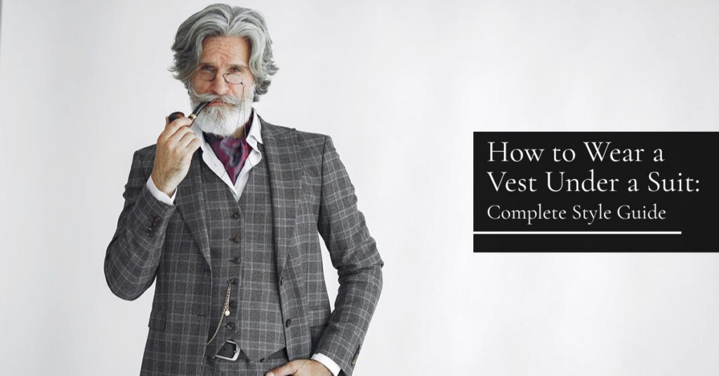 Older man wearing a grey three-piece suit with a matching vest, illustrating how to wear a vest under a suit.