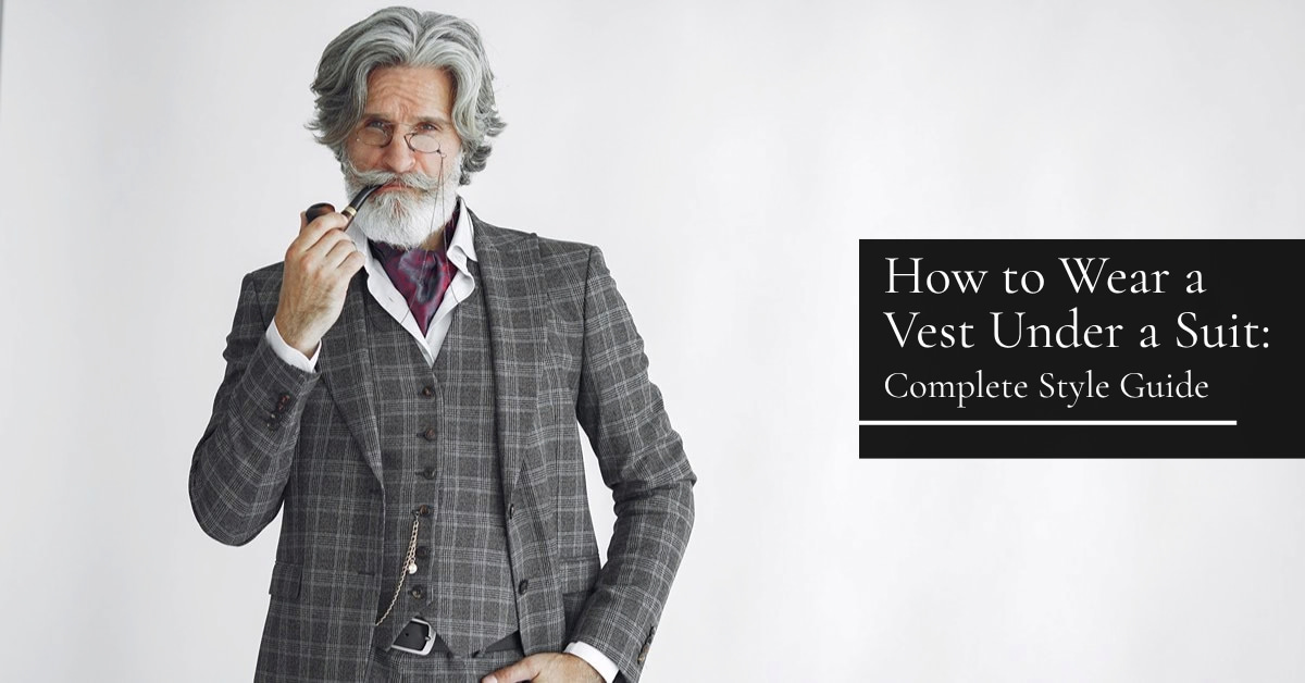 Older man wearing a grey three-piece suit with a matching vest, illustrating how to wear a vest under a suit.