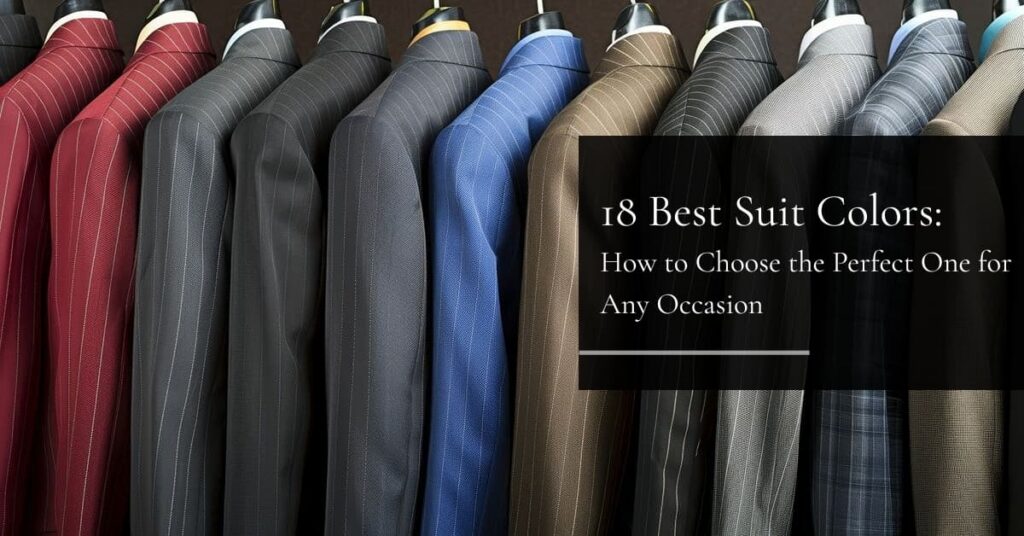 A row of men’s suits in various colors, hanging side by side. A black overlay reads, “18 Best Suit Colors: How to Choose the Perfect One for Any Occasion.”