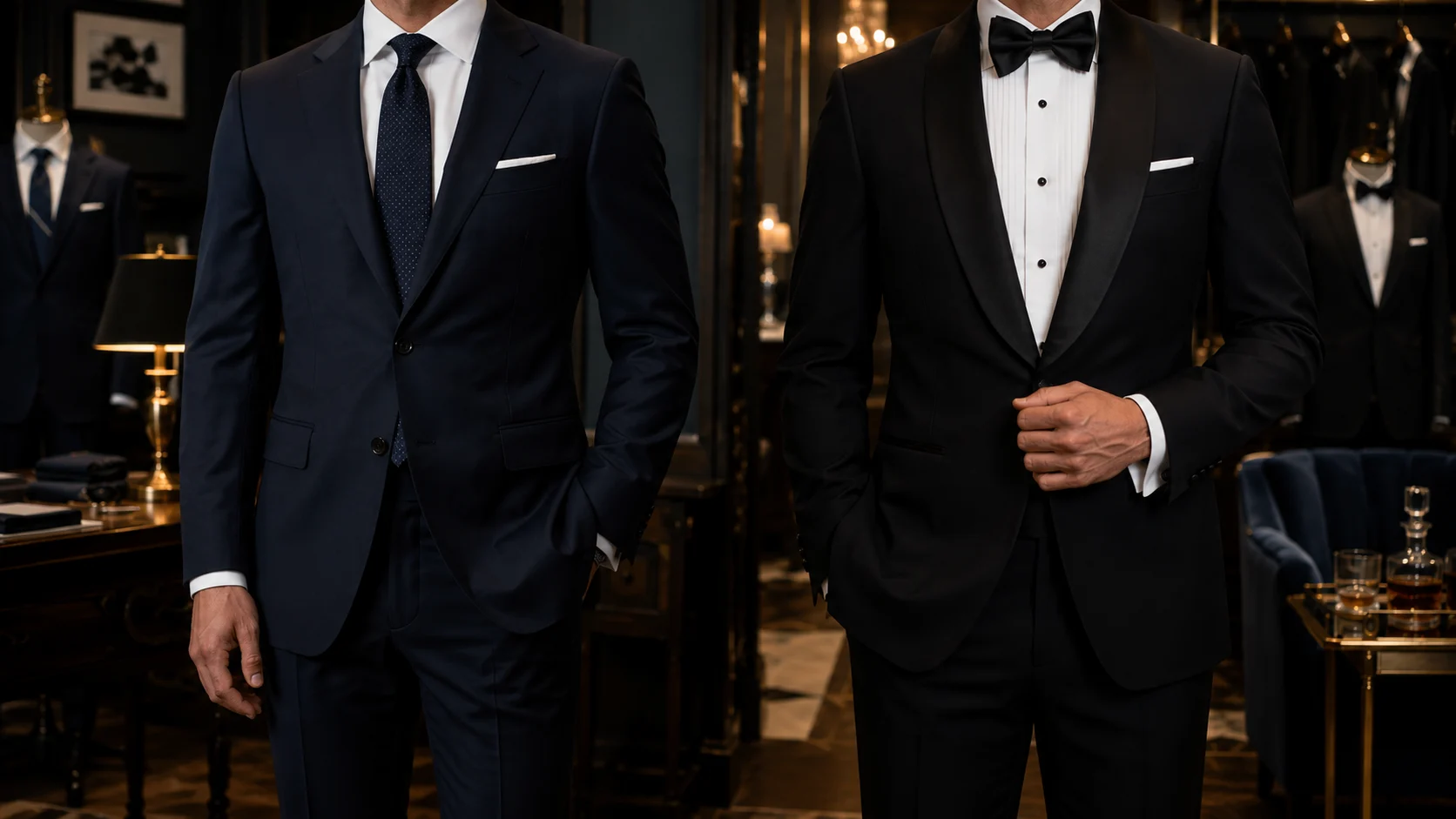 Men in formal suits at a tailor shop