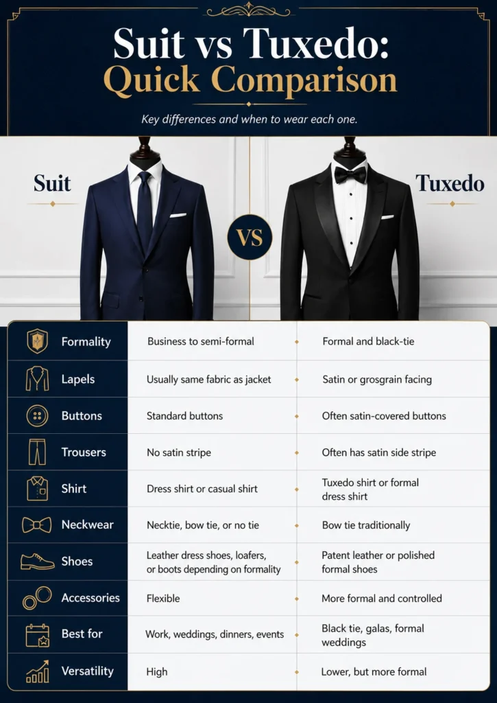 Comparison of suit and tuxedo features
