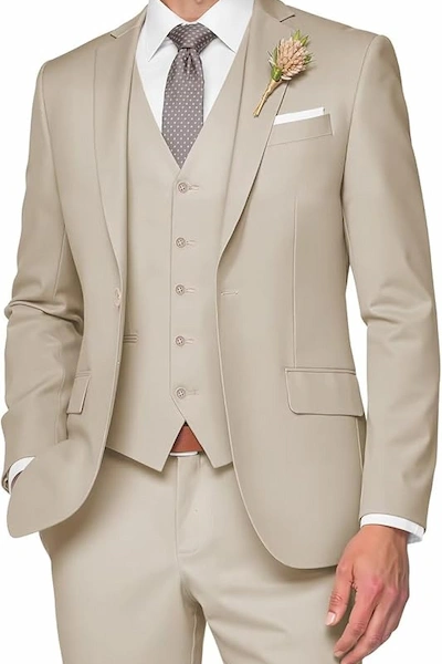Stylish beige suit with vest and boutonniere